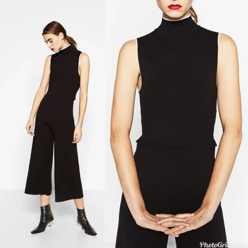 Zara High neck Mock neck Black Wide Leg jumpsuit with white trim